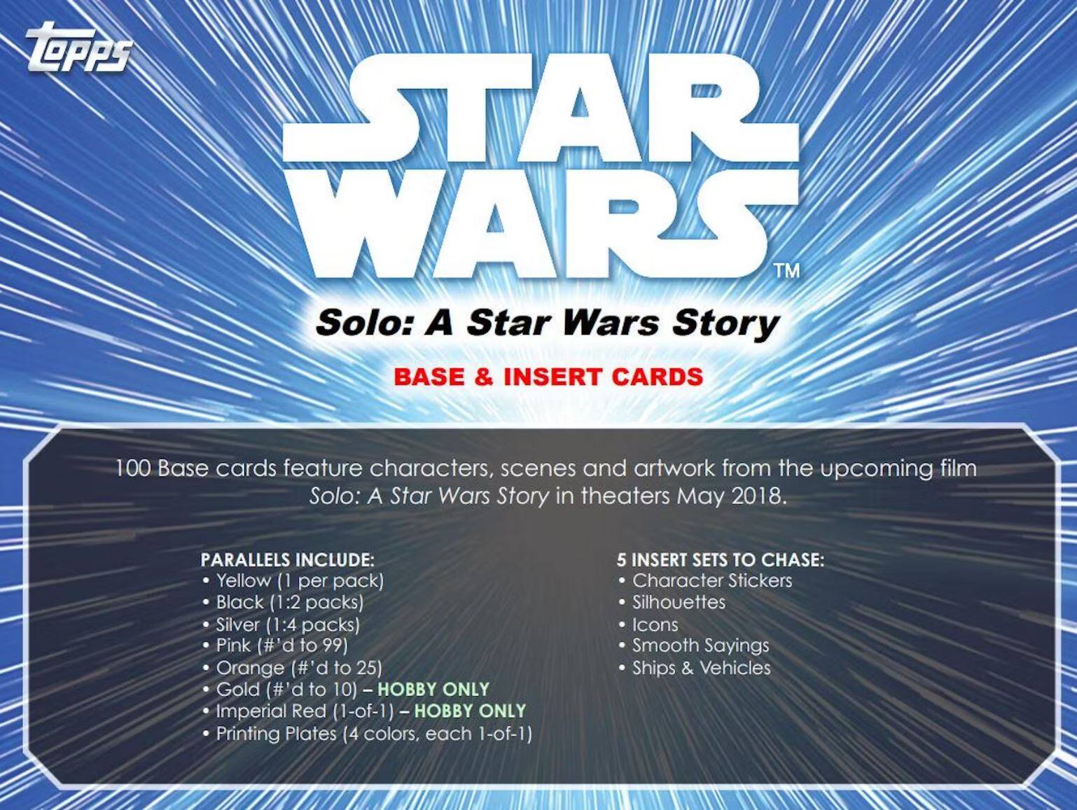 **STAR WARS™ Solo: A Star Wars Story**

**BASE & INSERT CARDS**

100 Base cards feature characters, scenes and artwork from the upcoming film Solo: A Star Wars Story in theaters May 2018.

**PARALLELS INCLUDE:**
- Yellow (1 per pack)
- Black (1:2 packs)
- Silver (1:4 packs)
- Pink (#'d to 99)
- Orange (#'d to 25)
- Gold (#'d to 10)
- Imperial Red (1-of-1) - HOBBY ONLY
- Printing Plates (4 colors, each 1-of-1)

**5 INSERT SETS TO CHASE:**
- Character Stickers
- Silhouettes
- Icons
- Smooth Sayings
- Ships & Vehicles
