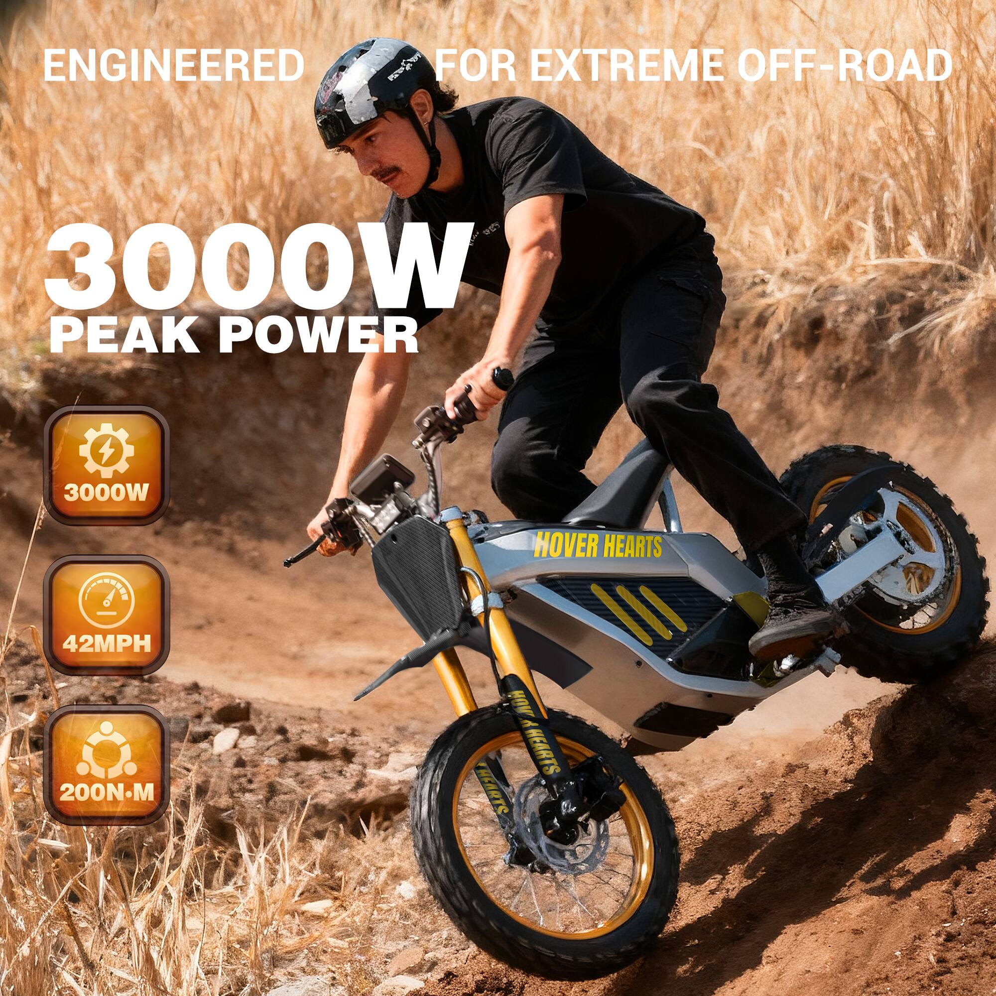 ENGINEERED FOR EXTREME OFF-ROAD  
3000W PEAK POWER  
3000W  
42MPH  
200N-M  
HOVER HEARTS