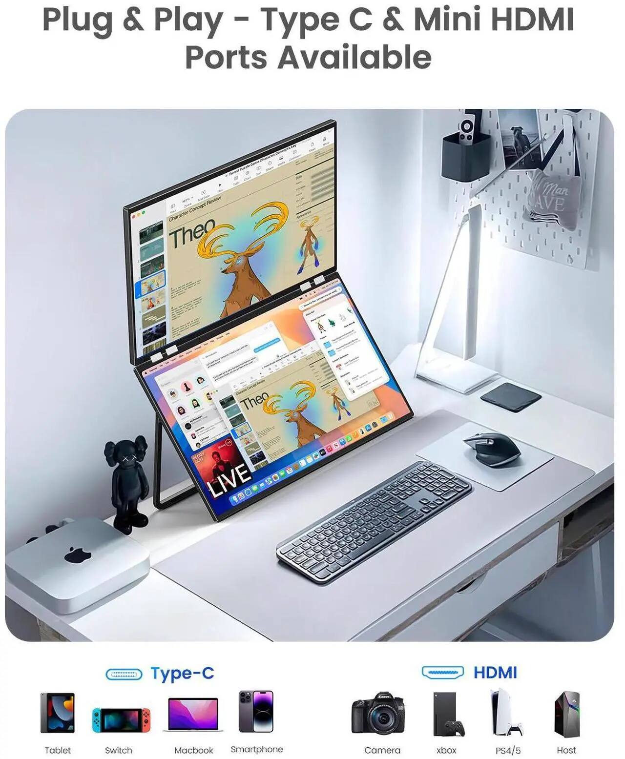 Plug & Play - Type C & Mini HDMI Ports Available

Type-C
- Tablet
- Switch
- Macbook
- Smartphone

HDMI
- Camera
- Xbox
- PS4/5
- Host