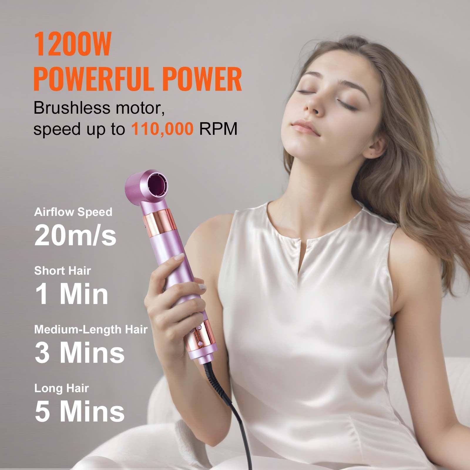 1200W POWERFUL POWER  
Brushless motor, speed up to 110,000 RPM  

Airflow Speed 20m/s  

Short Hair 1 Min  
Medium-Length Hair 3 Mins  
Long Hair 5 Mins