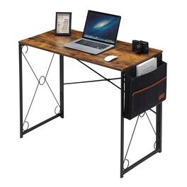 Vecelo - 39 inch Foldable Computer Desk with File Bag - Space-Saving Wooden Desktop Writing Desk for Home Office - Brown