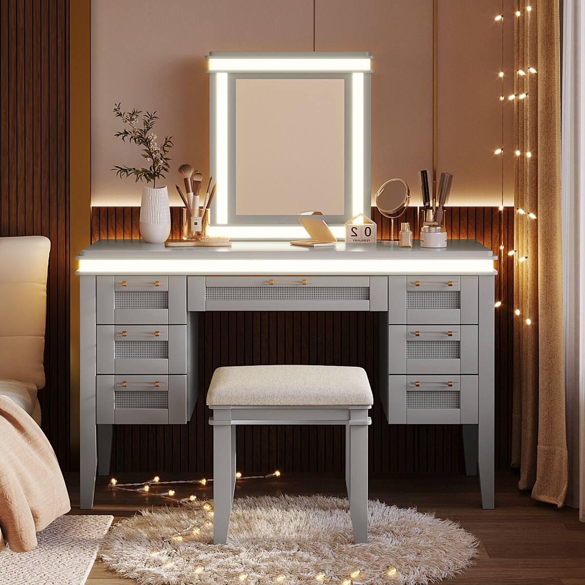 Angle. Loheer - Loheer 48 Inch Makeup Vanity Desk with Mirror and Lights, Seven Drawers, Cushioned Stool, Grayish Blue - Grayish Blue.
