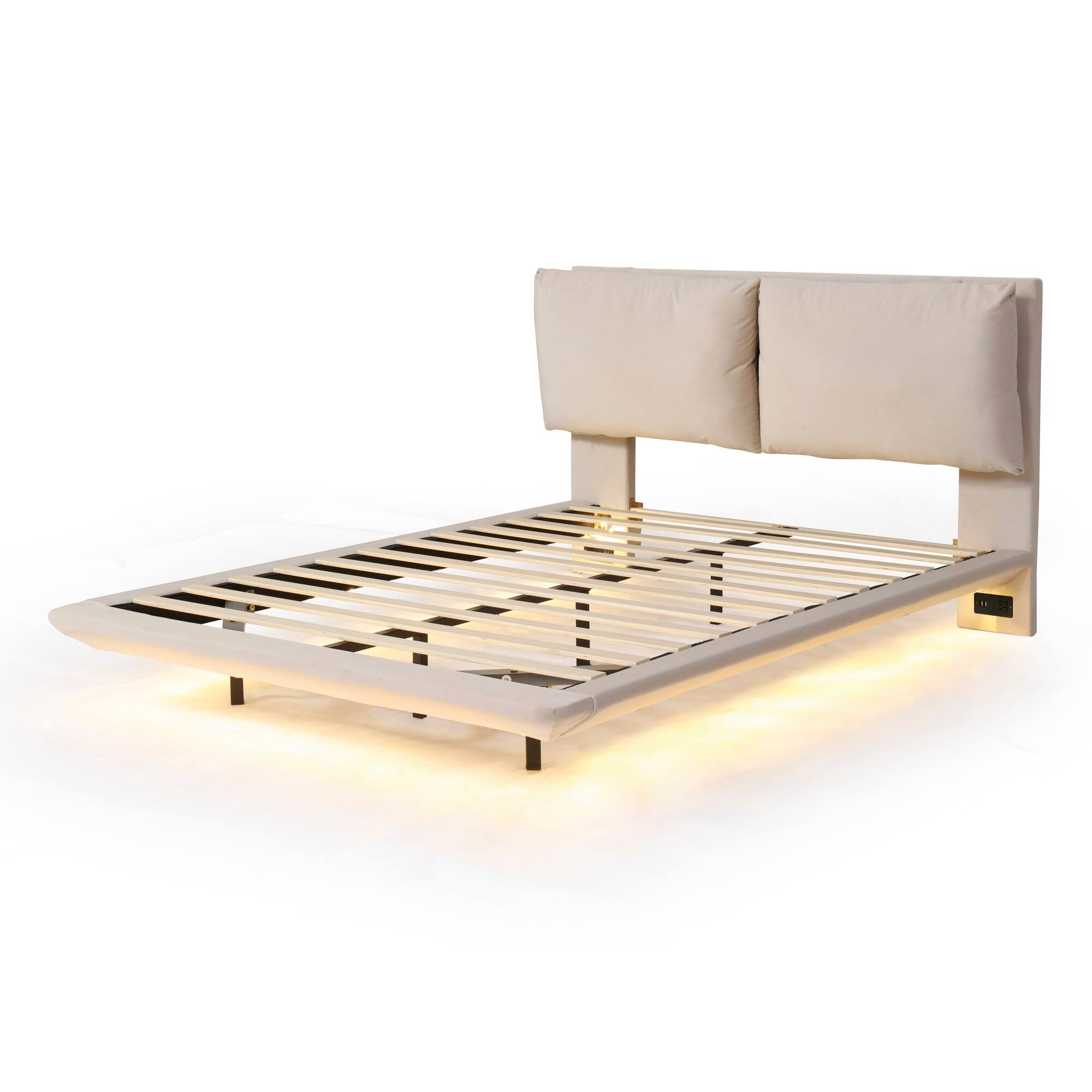Back. Tiramisubest - Queen Size Upholstered Platform Bed with Sensor Light and 2 Large Backrests, 2 sets of USB Port and Socket - Beige.