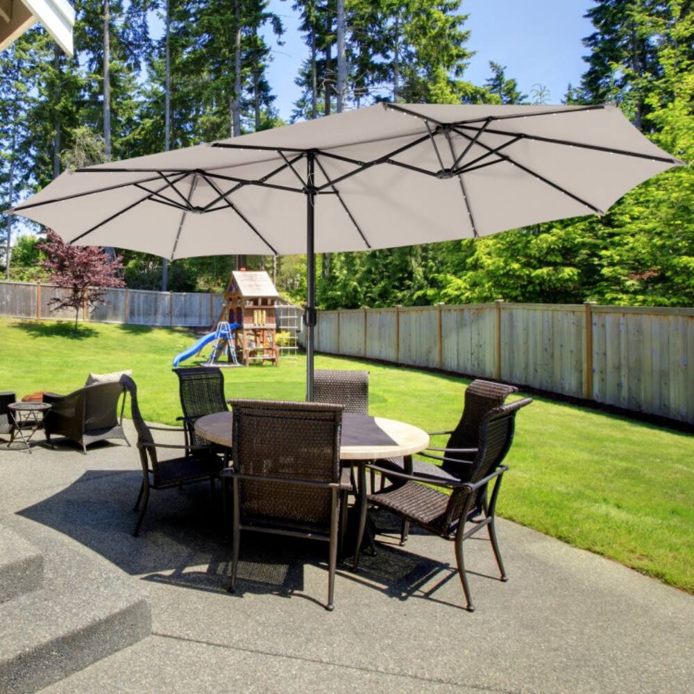 Angle. Mondawe - 15 Feet Twin Patio Umbrella with 48 Solar LED Lights - Beige.