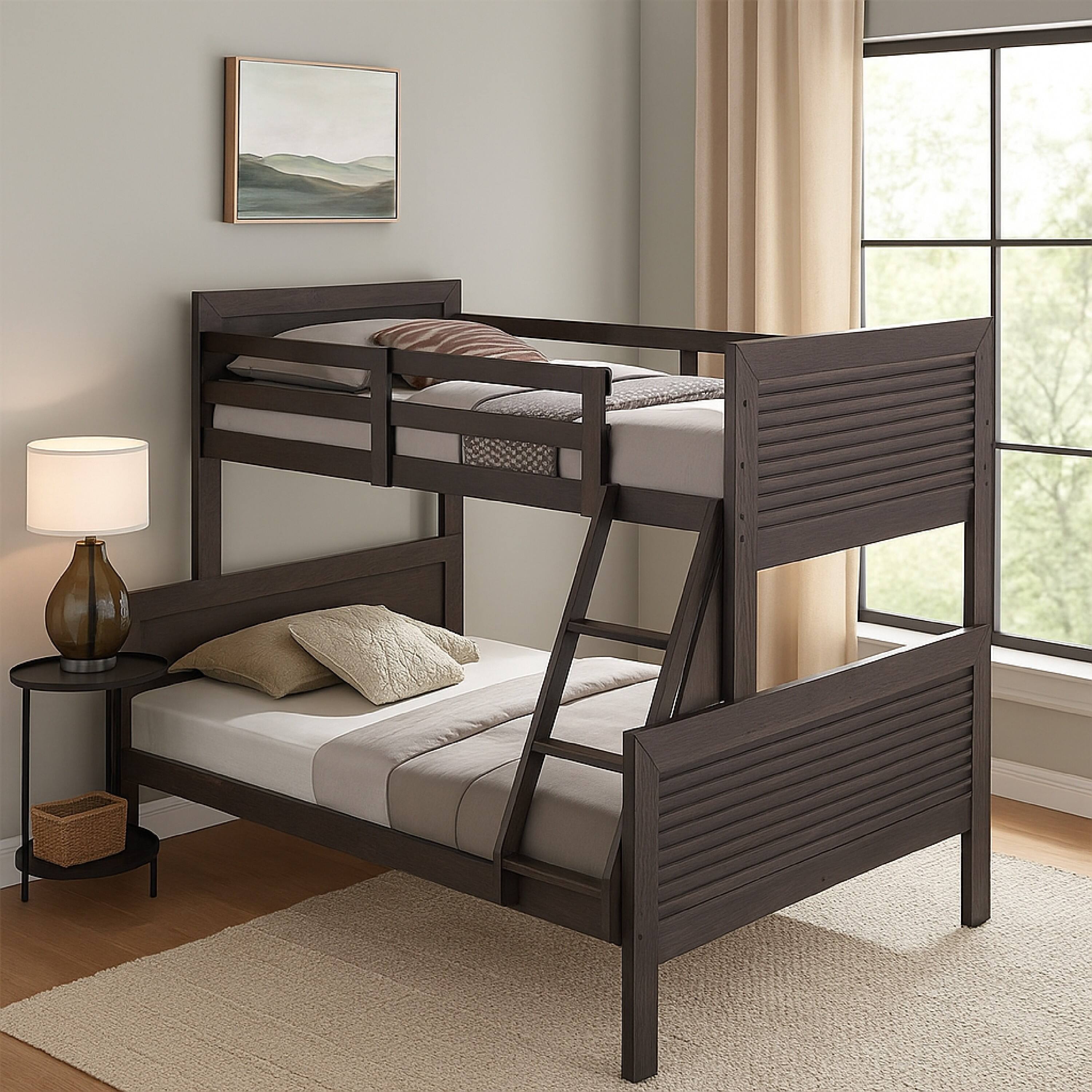 Alt View 5. Manhattan Lane - Wexo Twin over Full Bunk Bed, Charcoal Brown Slat Design and Ladder - Charcoal Brown.