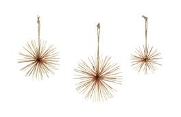 Zeckos - Brass Finish Metal Bursting Star Decorative Hanging Ornaments Set of 3 Rope Hangers - Gold