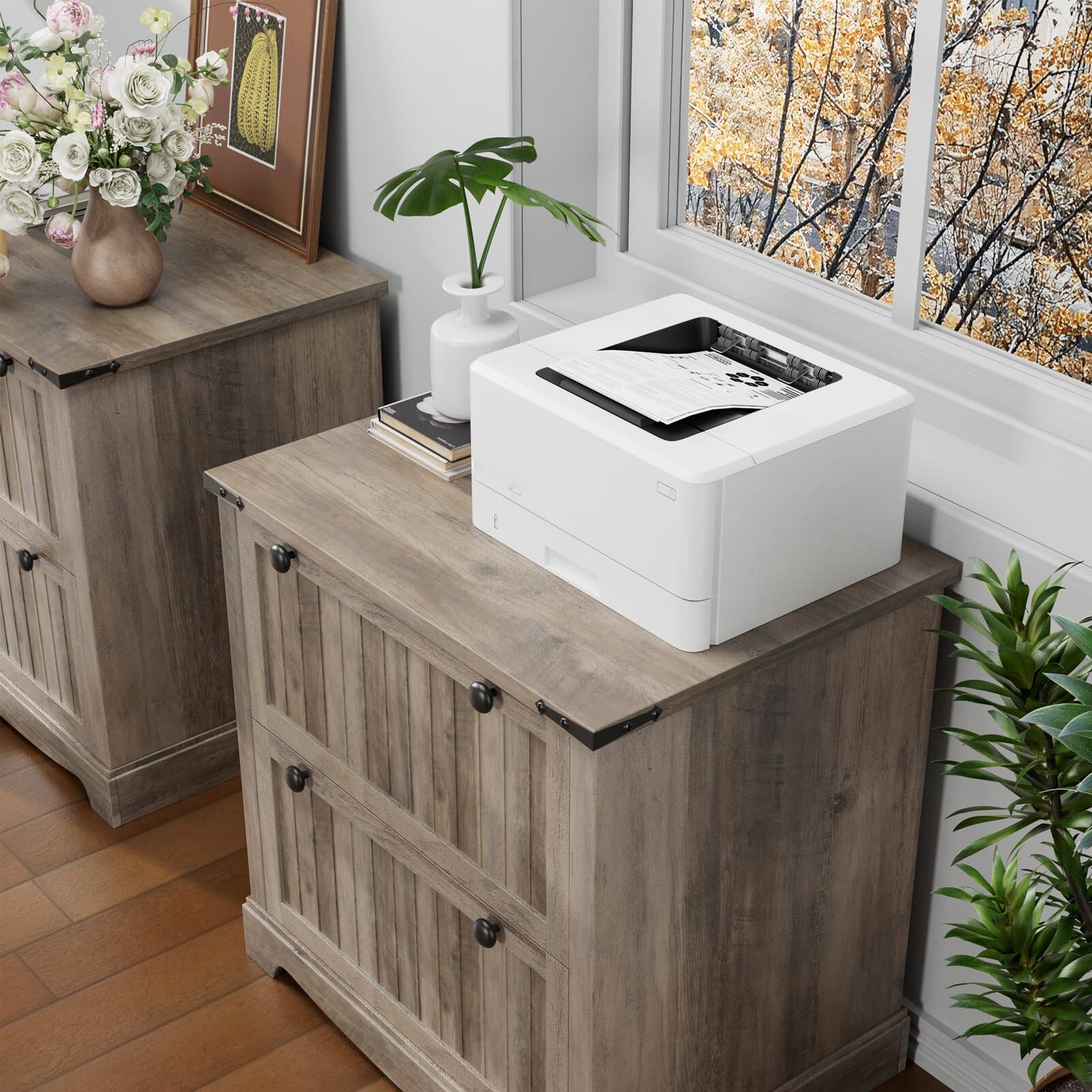 Back. Jojoka - 30" Farmhouse 2-Drawer File Cabinet, Rustic Wood Storage with Hanging Rods for A4/Letter/Legal Files - Gray.