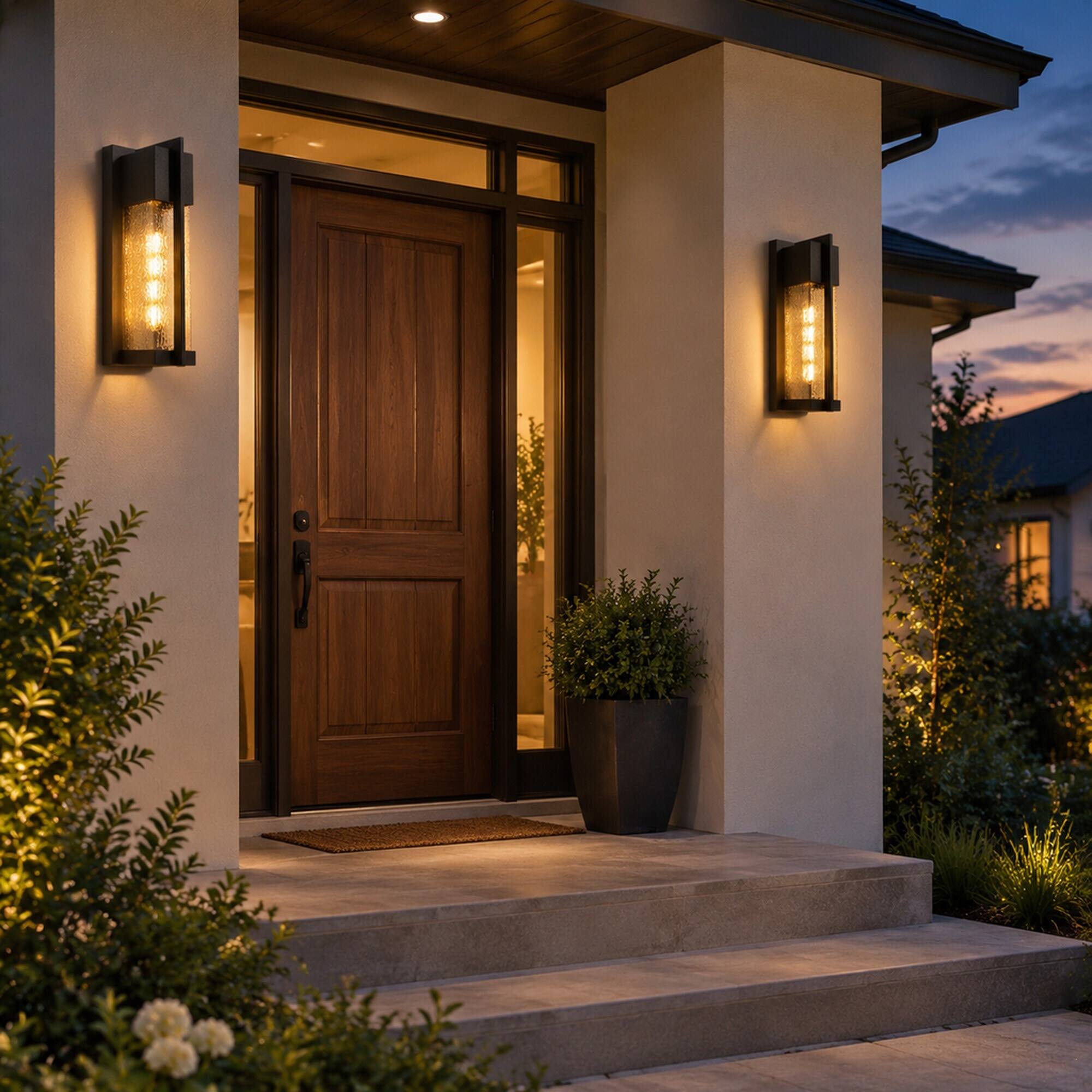 Angle. RYHNUYNE - Dusk To Dawn 2-Pack 13 In Outdoor Wall Lights, Waterproof Hammer Glass Sconce for Entryway Garage Patio Black - Black.