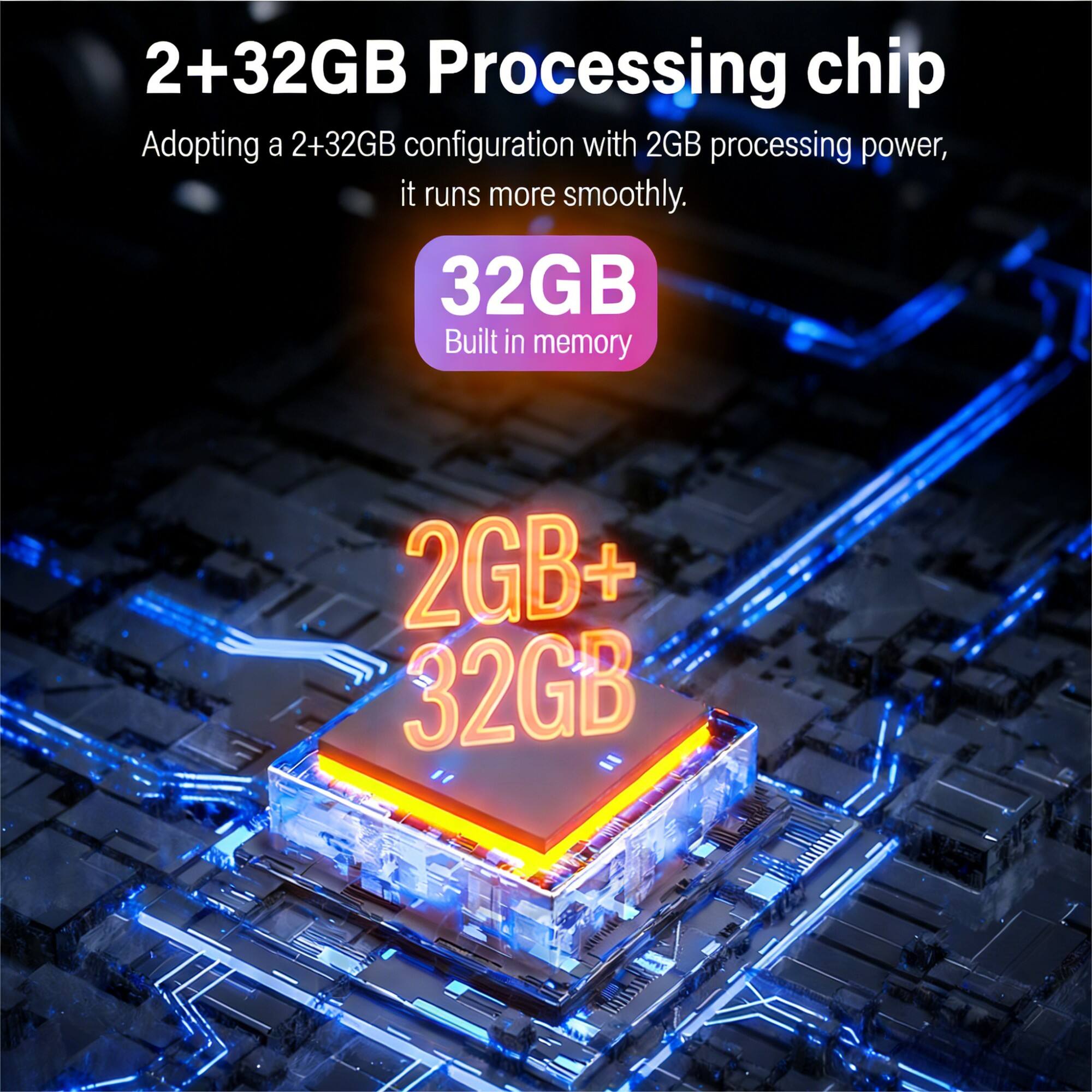2+32GB Processing chip  
Adopting a 2+32GB configuration with 2GB processing power, it runs more smoothly.  
32GB Built in memory  
2GB+ 32GB