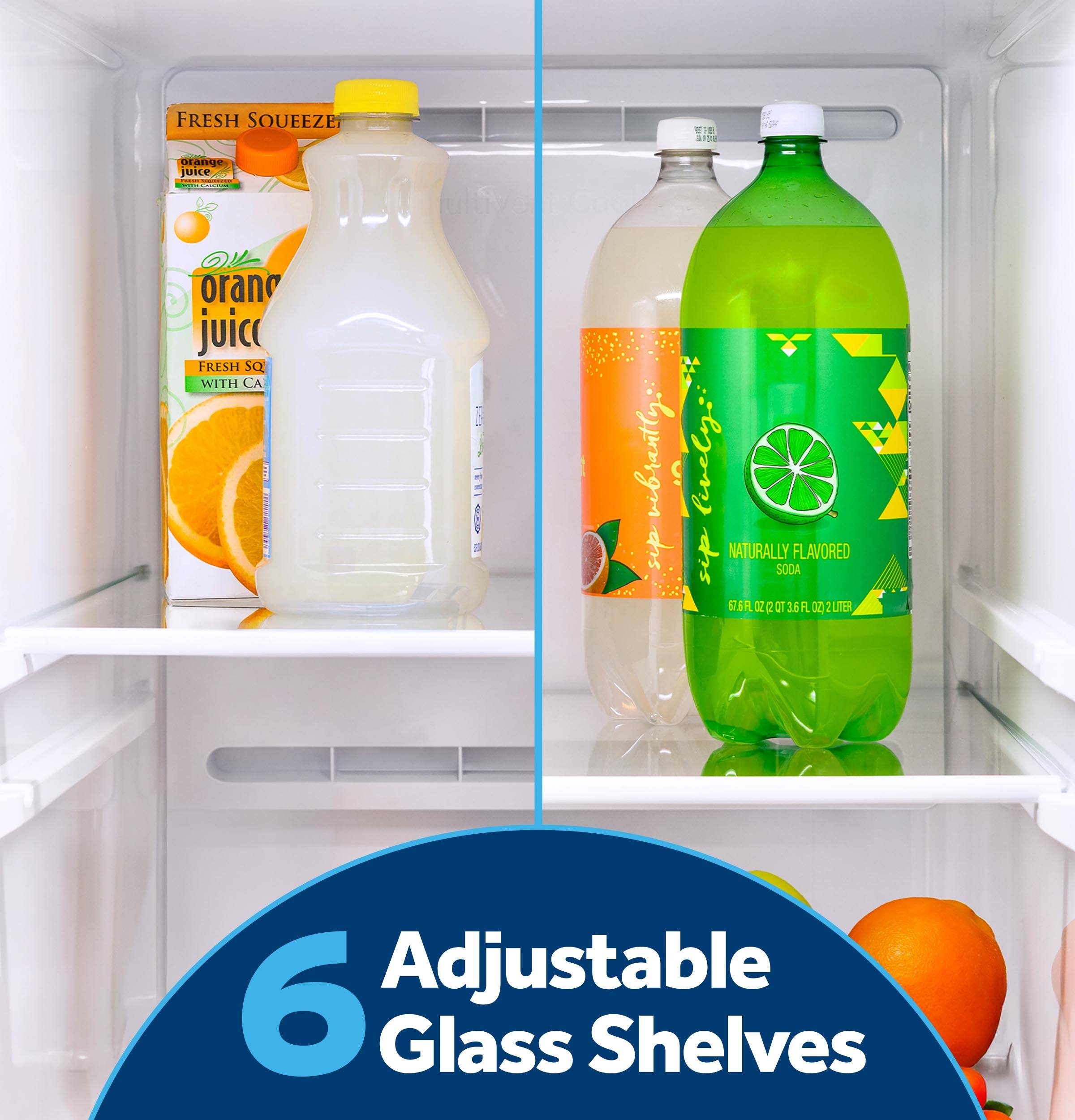 FRESH SQUEEZE  
orange juice  
FRESH SQ WITH CA  

vibrantly: Cively: int sip NATURALLY SODA FLAVORED  

6 Adjustable Glass Shelves
