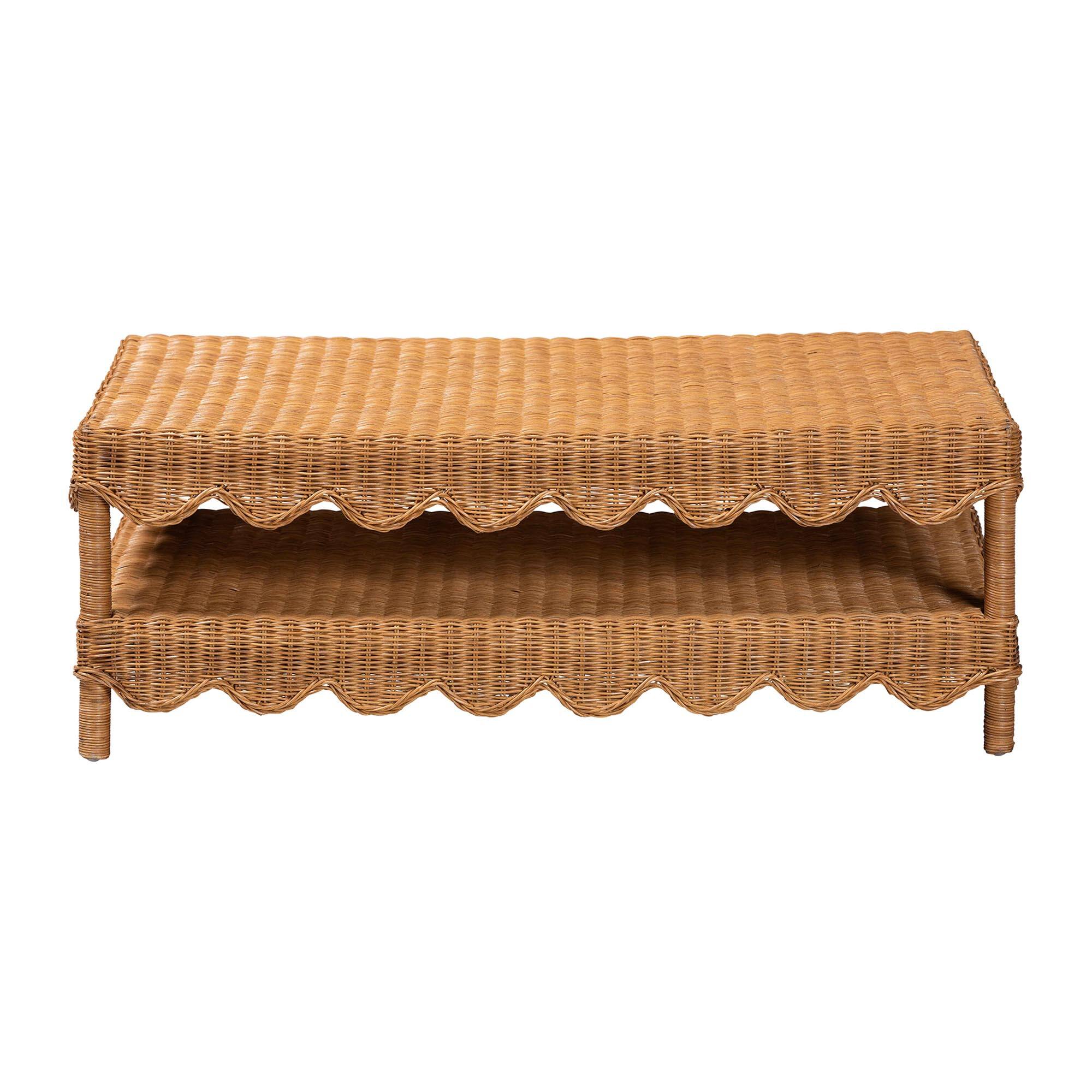 Angle. bali & pari - Oteria Natural Rattan Coffee Table - Handwoven Wicker Cocktail Table with Scalloped Detailing and Open Shelf - Light Honey.