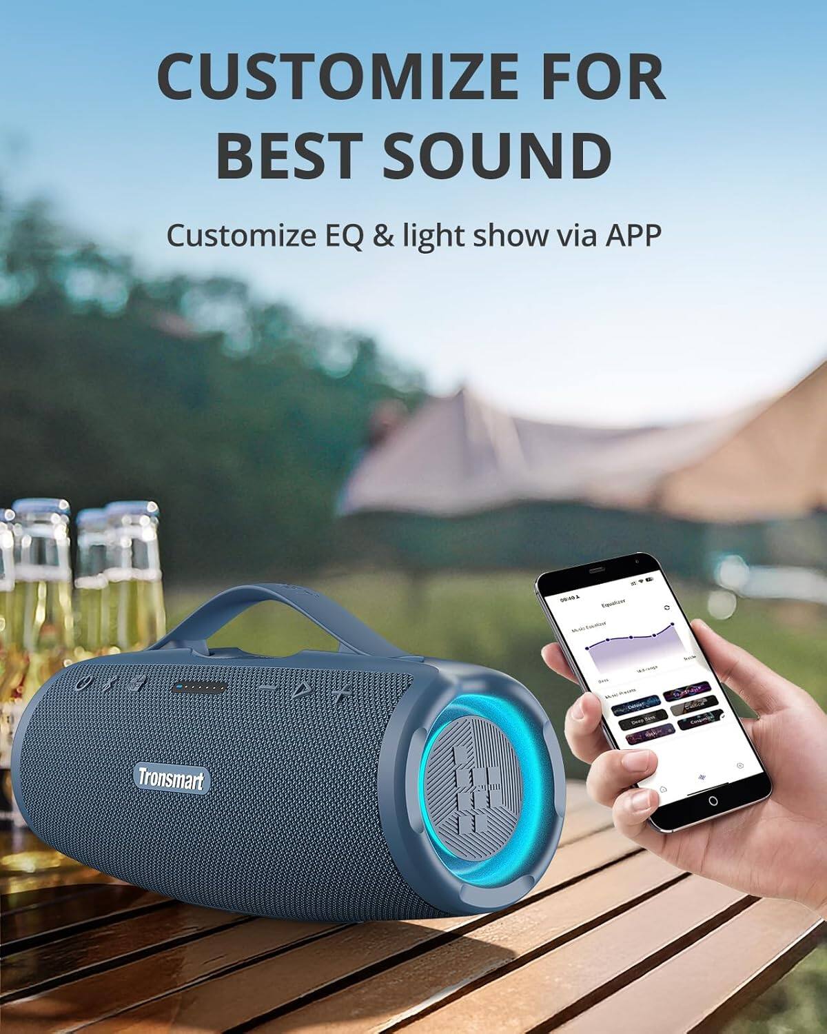 Customize for best sound: Customize EQ & light show via app.
