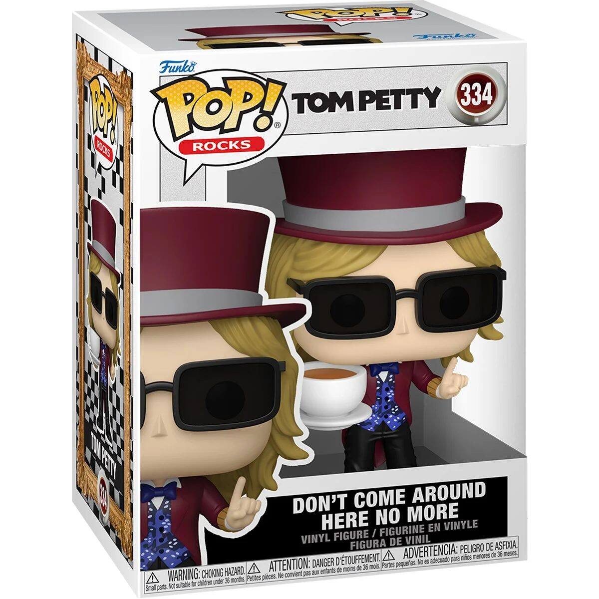 Sure, here is the corrected and grouped text from the image:

---

**Funko POP! ROCKS**

**TOM PETTY**  
**334**

**DON'T COME AROUND HERE NO MORE**

**VINYL FIGURE / FIGURINE EN VINYLE / FIGURA DE VINIL**

**WARNING: CHOKING HAZARD - Small parts. Not suitable for children under 36 months.**  
**ADVERTENCIA: PEQUEÑAS PIEZAS. NO ADECUADO PARA NIÑOS MENORES DE 36 MESES.**  
**ATTENTION: PELIGRO D'ÉTOUFFEMENT. NE CONVIENT PAS AUX ENFANTS DE MOINS DE 36 MOIS.**

---

This text is from the packaging of a Funko Pop! vinyl figure of Tom Petty.