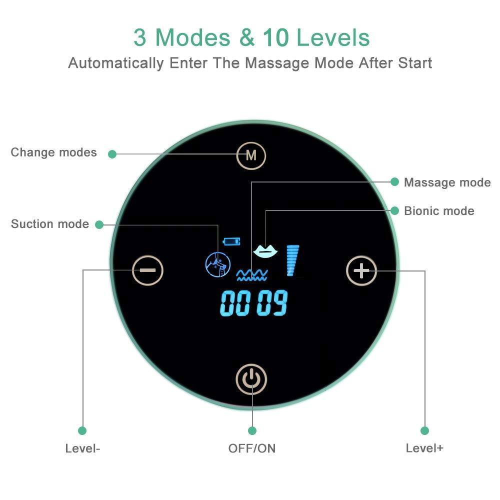 3 Modes & 10 Levels  
Automatically Enter The Massage Mode After Start  

Change modes  
Massage mode  
Suction mode  
Bionic mode  

Level-  
OFF/ON  
Level+  

00 09