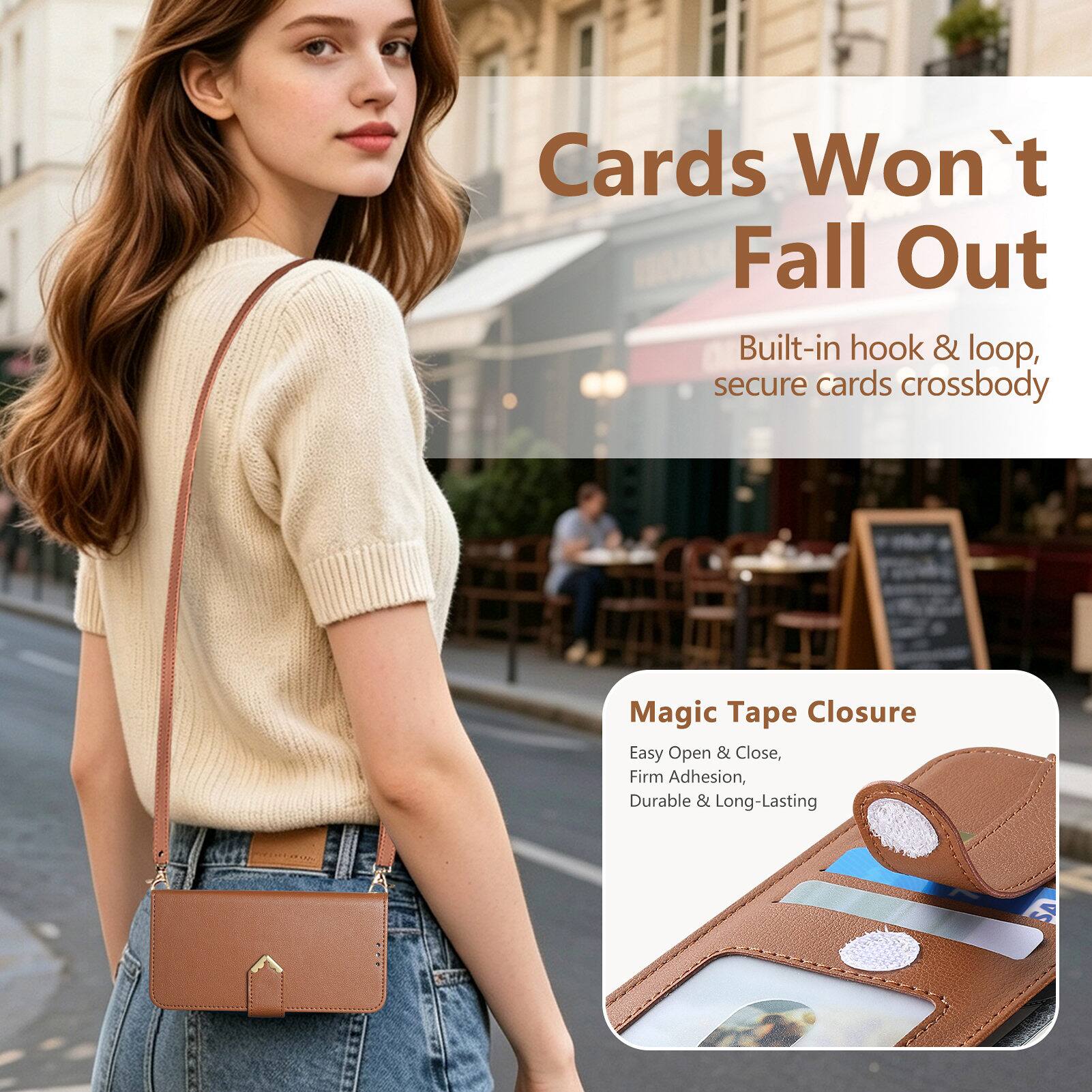 Cards Won't Fall Out  
Built-in hook & loop, secure cards crossbody  

Magic Tape Closure  
Easy Open & Close, Firm Adhesion, Durable & Long-Lasting