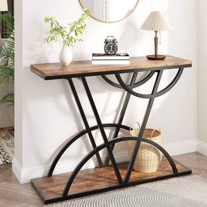 Front. Anysun - 43" Industrial Console Table with Storage Shelf - Narrow Wood & Metal Sofa Table for Living Room, Hallway & Foyer. - Brown.