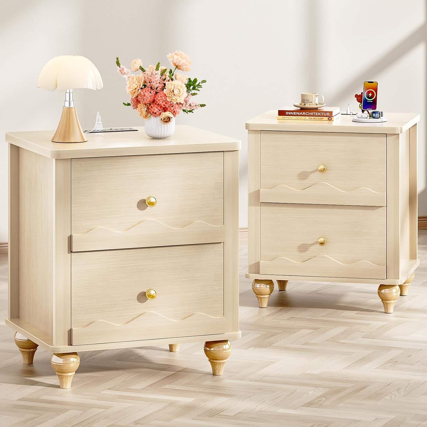 Aheaplus - Nightstand with 2 Drawers, Farmhouse Nightstand with Charging Station, 2 Piece Set - Nature