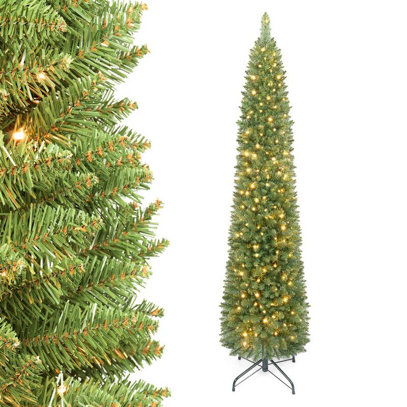 Front. WELLFOR - 6ft Pre‑lit Artificial Christmas Tree with 445 Branch Tips &180 LED Lights,Slim Pencil Hinged Xmas Trees - Green.