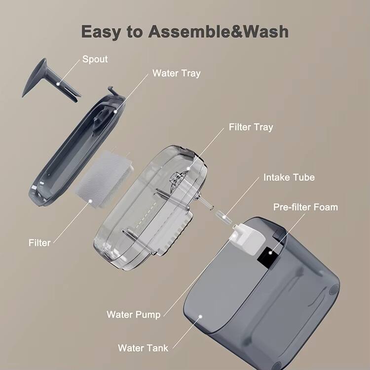 Easy to Assemble & Wash

- Spout
- Water Tray
- Filter Tray
- Intake Tube
- Pre-filter Foam
- Filter
- Water Pump
- Water Tank