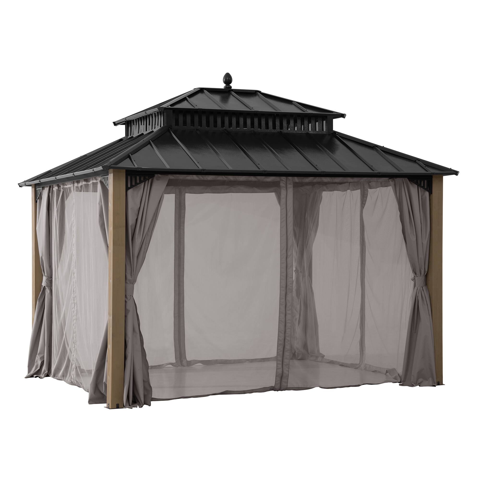 Alt View 7. SUNJOY - SUNJOY Kingston 12x10 Gazebo, Steel Hardtop Gazebo with Curtain and Netting - Cedar Posts - Black.