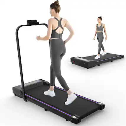 Front. HTUTWOO - Under Desk Treadmill Walking Pad - 2 in 1 Portable Treadmill with Handle Remote Control LED Display, Jogging Machine - Black.