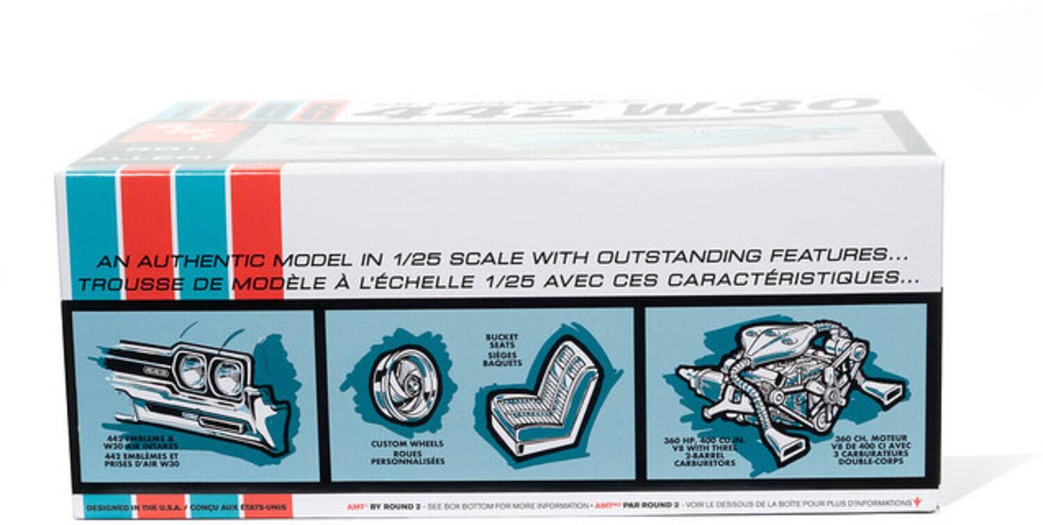 AN AUTHENTIC MODEL IN 1/25 SCALE WITH OUTSTANDING FEATURES...
TROUSSE DE MODÈLE À L'ÉCHELLE 1/25 AVEC CES CARACTÉRISTIQUES...

- BUCKET SEATS / SIÈGES BUCKETS
- 447TMBLEMS & W30 INTAKES / 447 ÉMBLEMES ET PRISES D'AIR W30
- CUSTOM WHEELS / ROUES PERSONNALISÉES
- 360 HP / 360 CH
- 400 CI / 400 CI
- WITH THREE 2-BARREL CARBURETORS / AVEC 3 CARBURATEURS DOUBLE-CORPS
- DESIGNED IN U.S.A. / CONÇU AUX ÉTATS-UNIS

AMT BY ROUND 2 BOX FOR / PAR ROUND DE LA BOITE POUR PLUS D'INFORMATION

AMT BY ROUND 2 SEE BOTTOM OF BOX FOR MORE INFORMATION / PAR ROUND VOR LES DESSOUS DE LA BOITE POUR PLUS D'INFORMATION