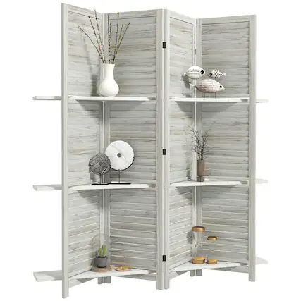 Front. Homcom - Room Divider, 4 Panel Wood Privacy Screen with Display Shelves and Folding Storage for Bedroom or Home Office - White.