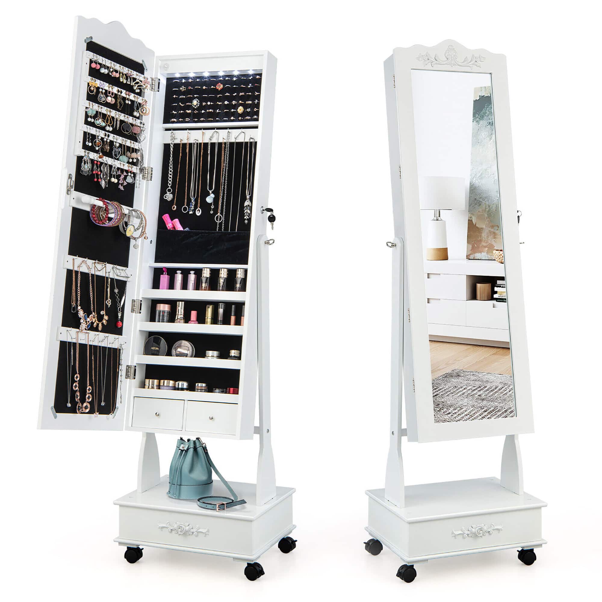 Gymax - Rolling Jewelry Cabinet Armoire Full Length LED Mirror Lockable w/ Drawer - White price history on PriceWatchPro