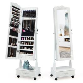 Gymax - Rolling Jewelry Cabinet Armoire Full Length LED Mirror Lockable w/ Drawer - White