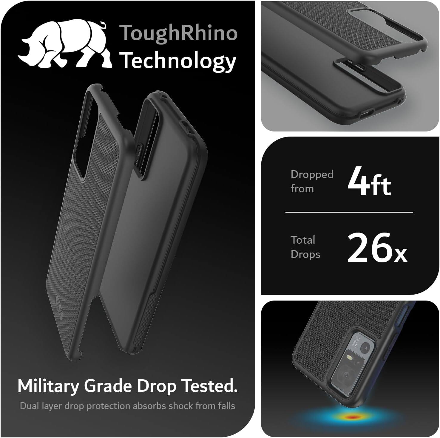ToughRhino Technology

Dropped from 4ft  
Total Drops 26x

Military Grade Drop Tested.  
Dual layer drop protection absorbs shock from falls