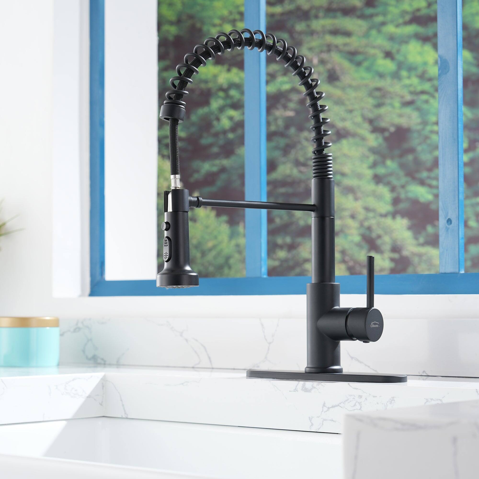 Alt View 4. Boyel Living - 3-Spray Patterns Single Handle Pull Down Sprayer Kitchen Faucet with Deckplate and Water Supply Hoses in Matte Black - Matte Black.