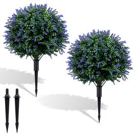 Costway - 2 Pack Artificial Lavender Boxwood Topiary Ball Trees, Faux Floral Shrubs, Patio - Green & Purple & Black