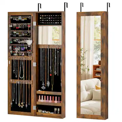 Front. Costway - Costway Wall Mounted Jewelry Cabinet Door Hanging Jewelry Armoire with Full-Length Mirror - Rustic Brown.