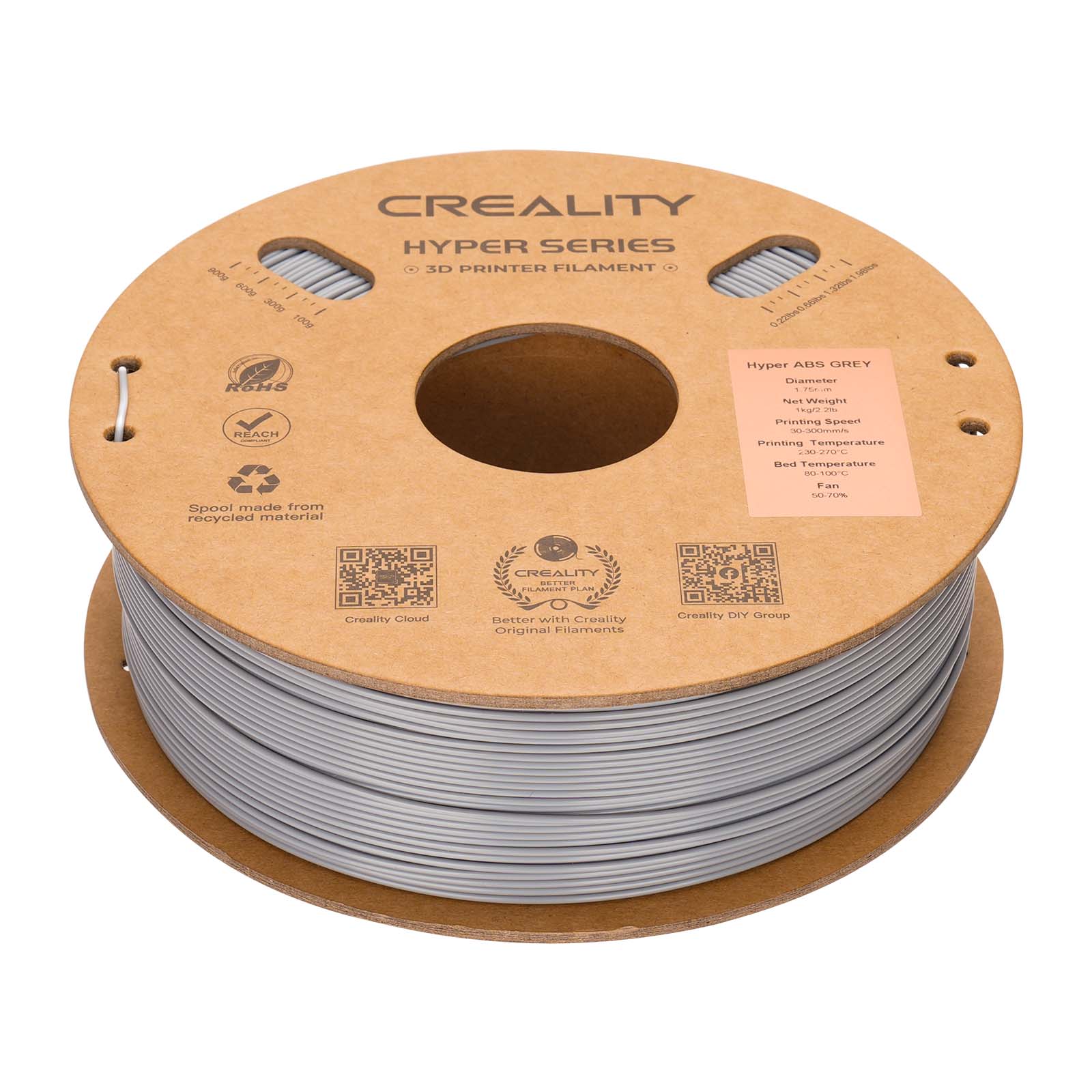 CREALITY HYPER SERIES C-> 3D PRINTER FILAMENT n addu /.l. 80d FE 98050 MA Ps NEU RCH5 REAUR Spool made from recycled material Hyper AnS DUEY mameter i  ET ROS Printins SEeI LA Prntints Temperature MPC sout Temperature 8 .... SLAA ..- CREALITY SETTEN PELAMEN ..- Creality Cloud TNTTRP with Creality Original Filaments Creailty DIY Group