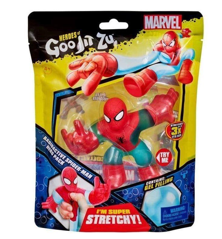 of HEROES Googli Zu MARVEL RADIOACTIVE HERO PACK SPIDER-MAN I'M SUPER STRETCHY! CONTAINS: GEL FILLING TRY ME 3X ITS SIZE WARNING: CHOKING HAZARD