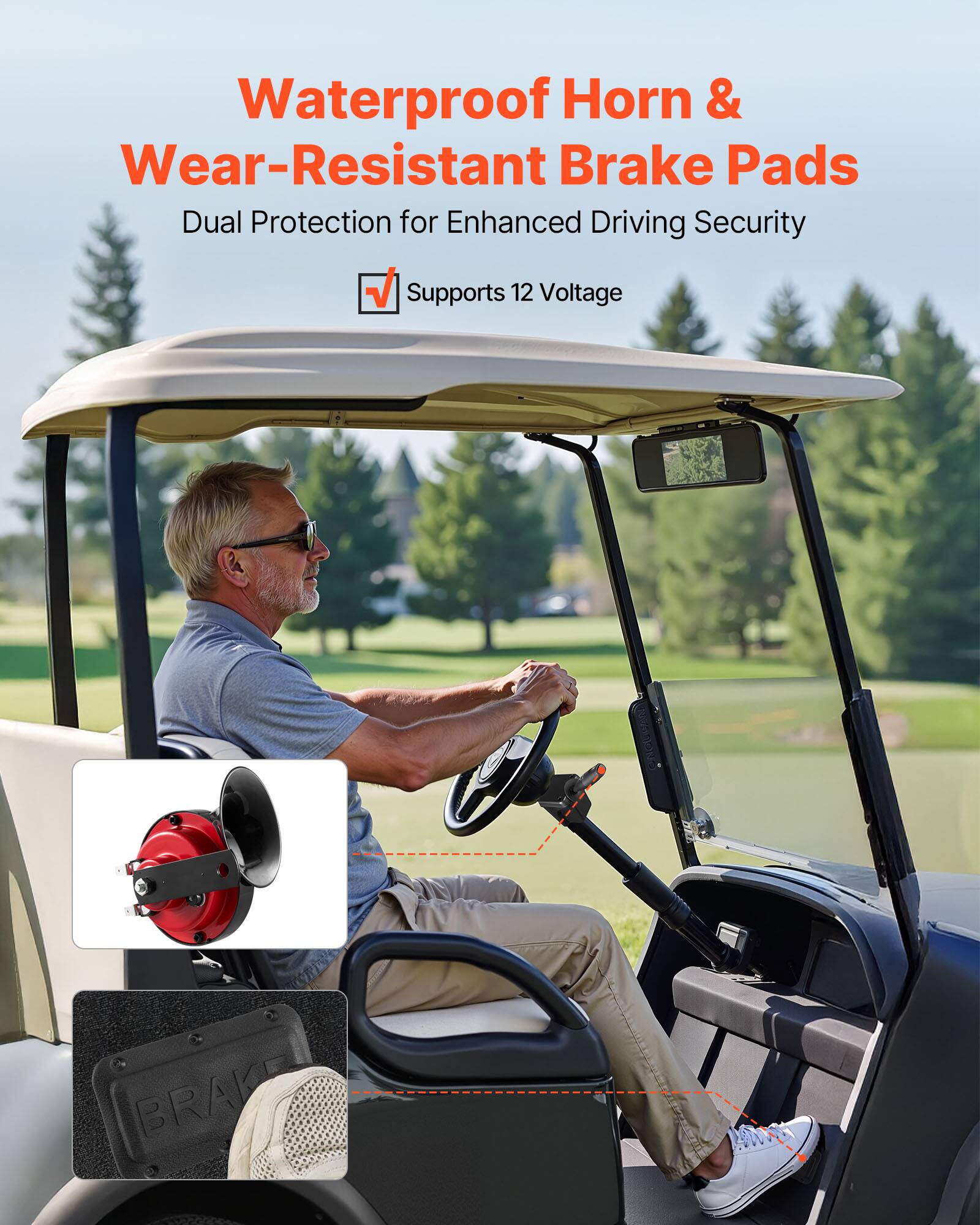 Waterproof Horn & Wear-Resistant Brake Pads  
Dual Protection for Enhanced Driving Security  

Supports 12 Voltage
