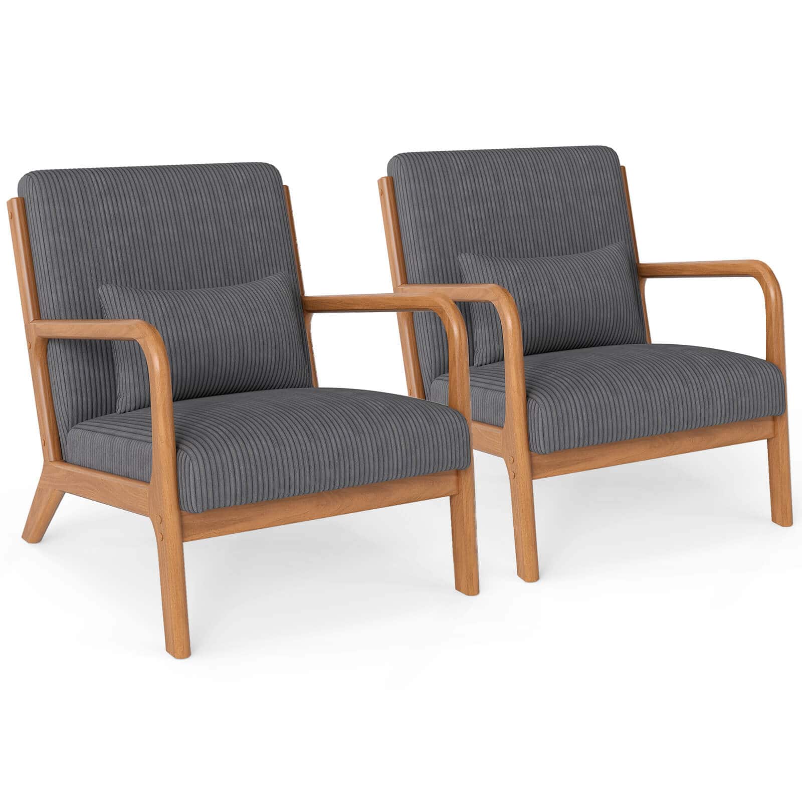 Costway - 1 PCS Modern Accent Chair, Corduroy Upholstered Lounge Chair with Rubber Wood Armrests - Gray + Brown