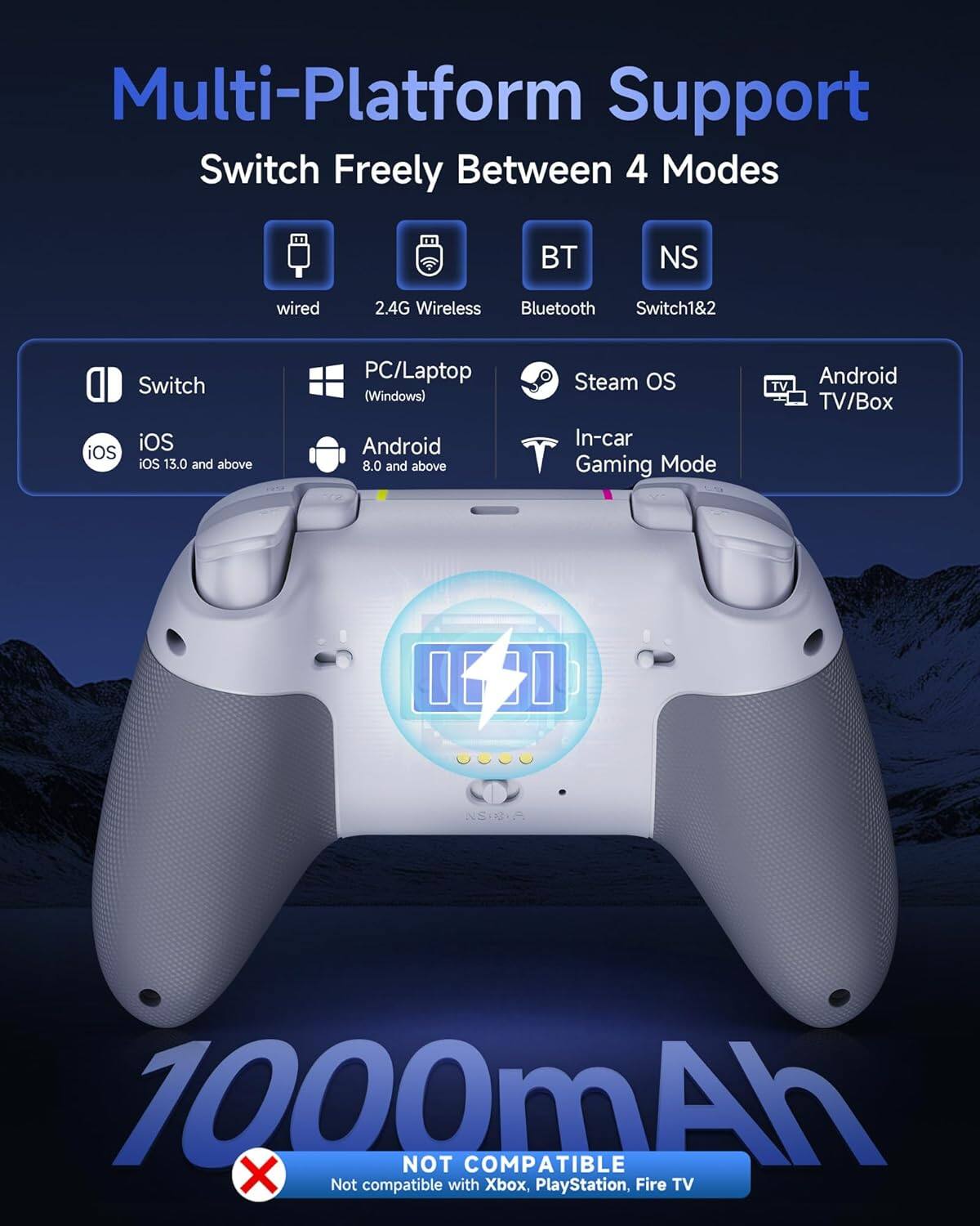 Multi-Platform Support  
Switch Freely Between 4 Modes  
BT NS  
wired 2.4G Wireless Bluetooth  
Switch iOS iOS iOS 13.0 and above  
PC/Laptop (Windows)  
Android 8.0 and above  
Steam OS  
In-car Gaming Mode  
TV Android TV/Box  
1000mAh  
NOT COMPATIBLE  
Not compatible with Xbox, PlayStation, Fire TV