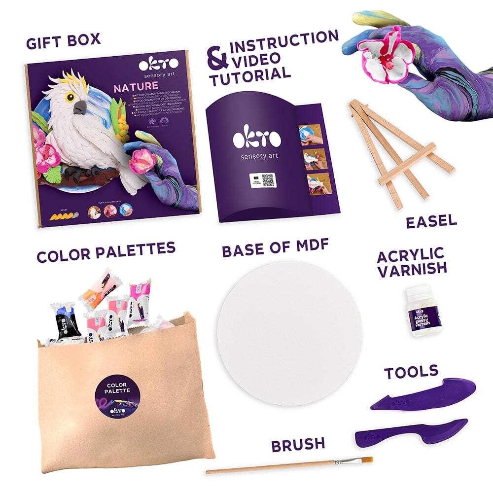 GIFT BOX  
sensory art  
NATURE  
INSTRUCTION & VIDEO TUTORIAL  
sensory art  
MMMA COLOR PALETTES  
BASE OF MDF  
EASEL  
ACRYLIC VARNISH  
TOOLS  
BRUSH