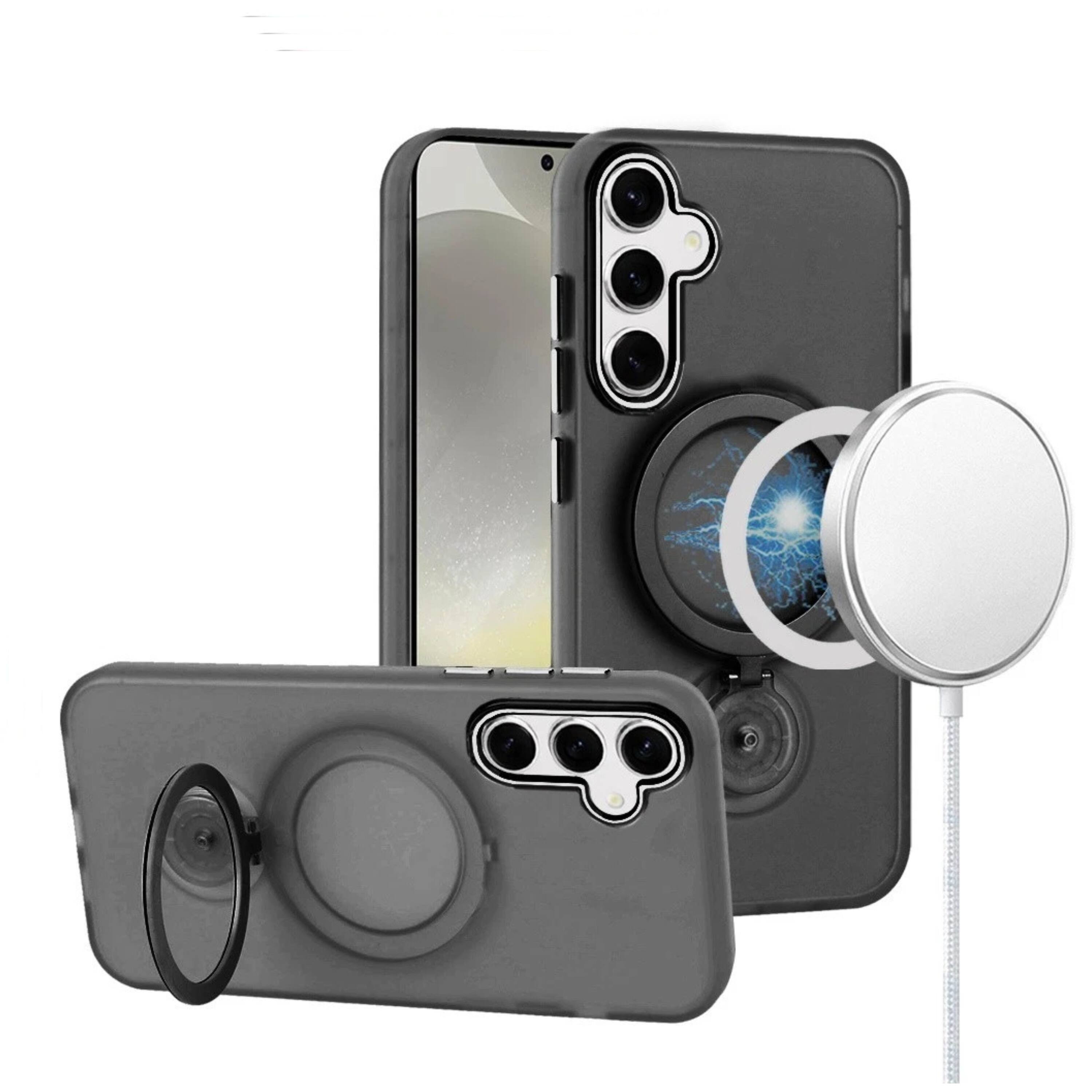 Front. Kitcheniva - Magnetic Circle Ring 360 Degree Stand Case With Tempered Glass For Samsung S25 S24 Black - Black.