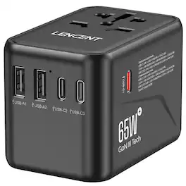 LENCENT - GanIII Universal Travel Adapter PD65W Fast Charger with 3 USB + 2 Type C - Black