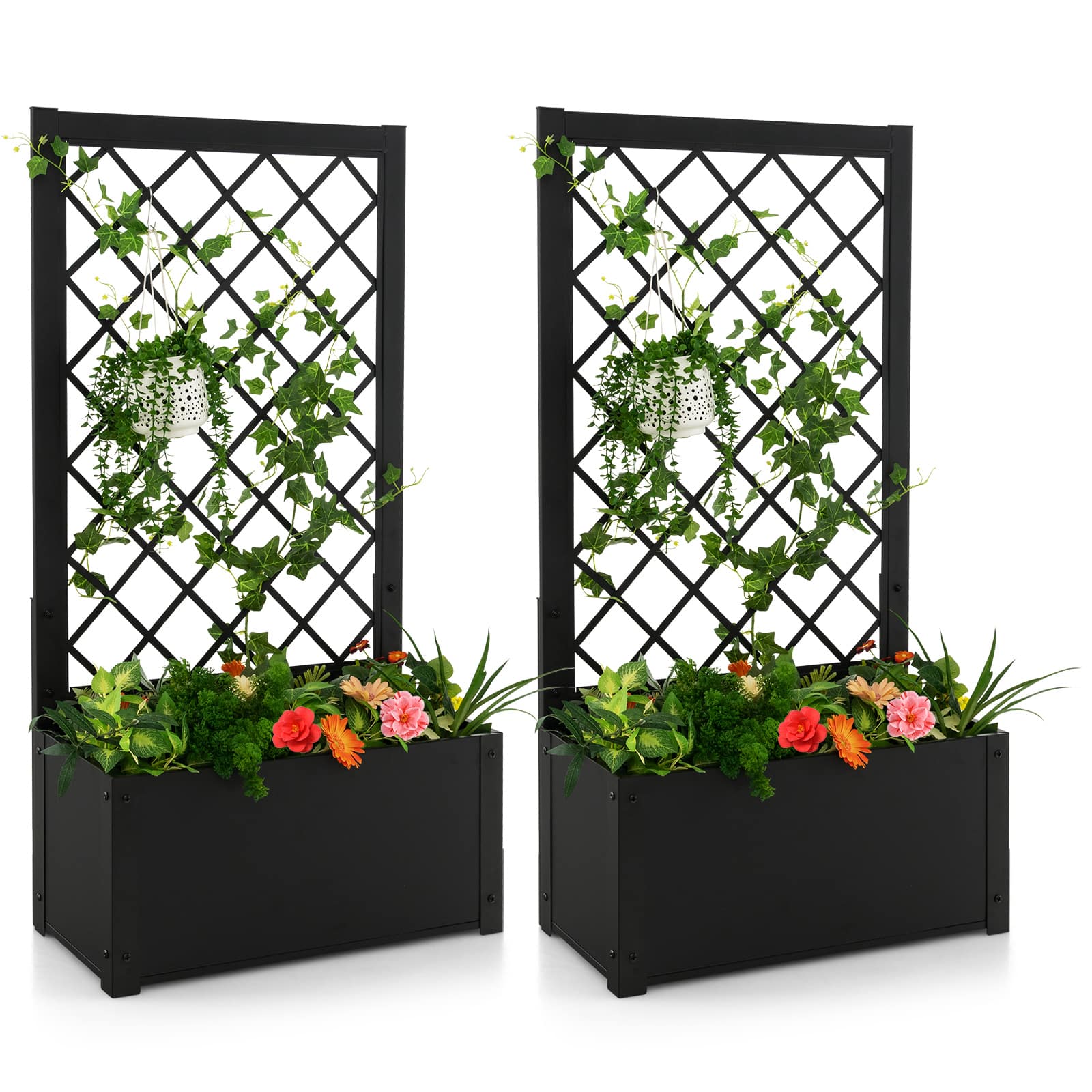Costway - 2PCS 44" Metal Planter Box with Trellis Raised Garden Bed with Trellis, Elevated Lattice Planter - Black