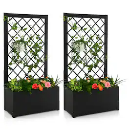 Costway - 2PCS 44" Metal Planter Box with Trellis Raised Garden Bed with Trellis, Elevated Lattice Planter - Black