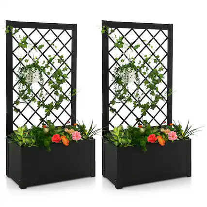 Front. Costway - Costway 2PCS 44" Metal Planter Box with Trellis Raised Garden Bed with Trellis, Elevated Lattice Planter - Black.