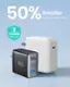 The text on the image reads: "50% Smaller than the original 65W 3 YEARS Warranty INIU 65W CHARGE W FAST C."