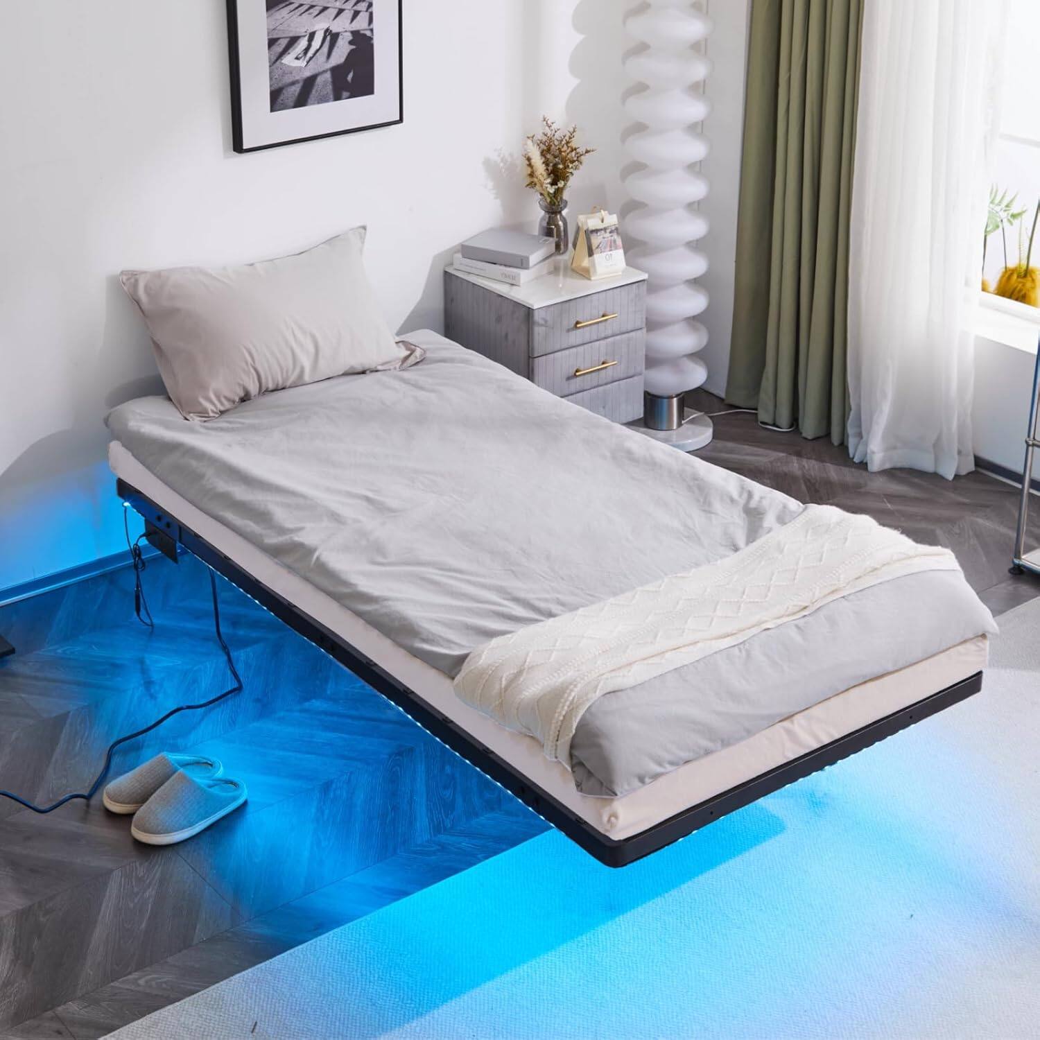Alt View 7. Winado - Twin Floating Bed Frame with USB Charging Station/LED Lights 14'' Platform Bed - Black.