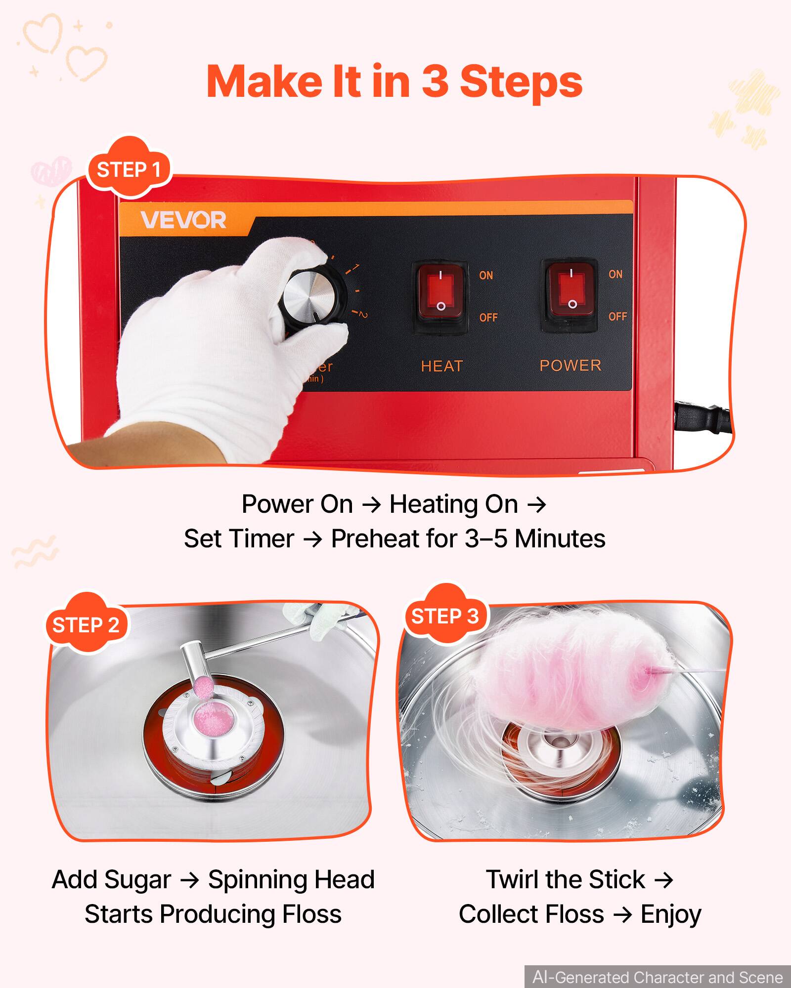Make It in 3 Steps

STEP 1
VEVOR
Power On → Heating On → Set Timer → Preheat for 3-5 Minutes

STEP 2
Add Sugar → Spinning Head Starts Producing Floss

STEP 3
Twirl the Stick → Collect Floss → Enjoy

AI-Generated Character and Scene