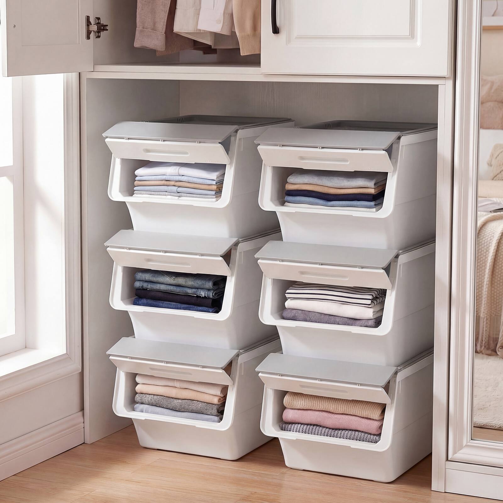 Alt View 4. Costway - Costway 6 PCS Storage Bins on Wheels with Stay-Open Lid for Kitchen Bedroom Laundry Closet - White + Gray.