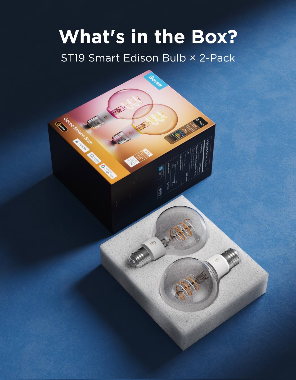 What's in the Box?  
ST19 Smart Edison Bulb x 2-Pack  
Govee  
Edison Bulb  
2-Pack  
Lighting  
Smart  
Govee