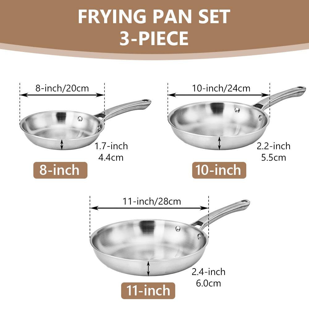 FRYING PAN SET  
3-PIECE  

8-inch/20cm  
1.7-inch/4.4cm  

10-inch/24cm  
2.2-inch/5.5cm  

11-inch/28cm  
2.4-inch/6.0cm
